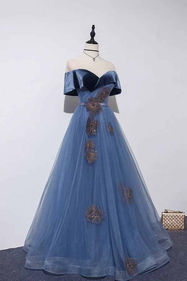 Blue Velvet Tulle Long A-Line Prom Dress Off the Shoulder Evening Dress
